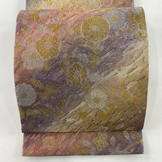 【庫存清倉】 袋帶 美品 名品級 草花紋紋 扇子面 金銀彩 金金箔 灰紫 六通 純蠶絲