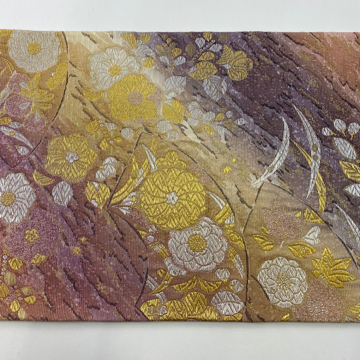 【庫存清倉】 袋帶 美品 名品級 草花紋紋 扇子面 金銀彩 金金箔 灰紫 六通 純蠶絲