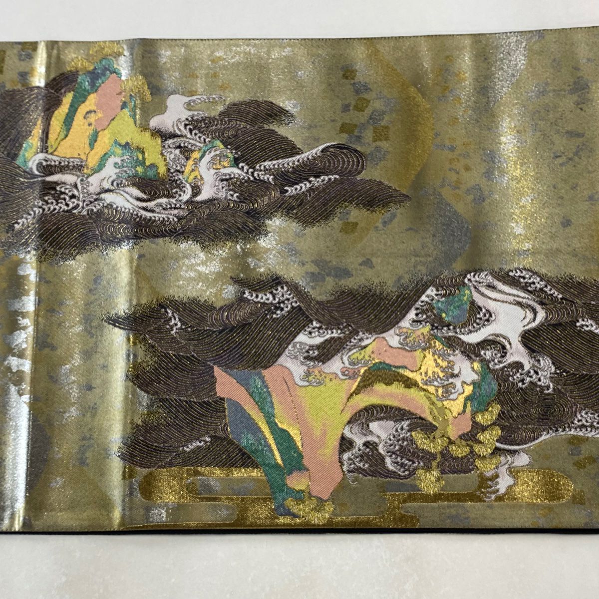 袋帶 美品 逸品級 とみや織物 證書あり 松樹 波頭 刺繡 金金箔 金色 お太鼓柄 純蠶絲