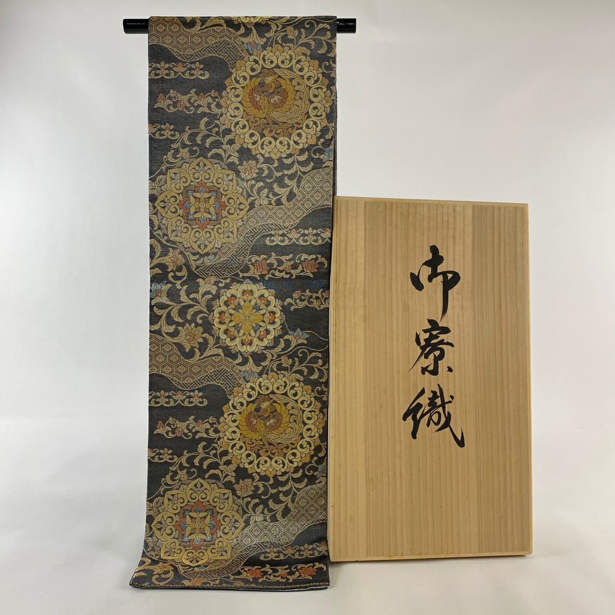 袋帶 逸品級 紋屋井關 落款あり 御寮織 華紋 鳳凰 金銀糸 金金箔 灰 深藍 六通 純蠶絲