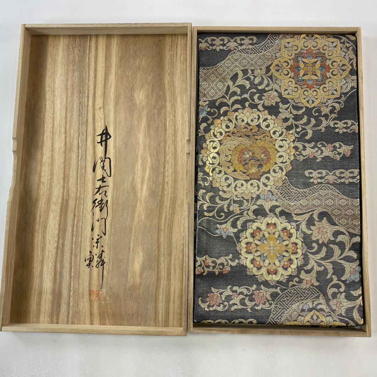 袋帶 逸品級 紋屋井關 落款あり 御寮織 華紋 鳳凰 金銀糸 金金箔 灰 深藍 六通 純蠶絲