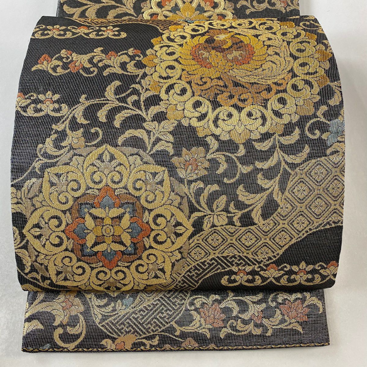 袋帶 逸品級 紋屋井關 落款あり 御寮織 華紋 鳳凰 金銀糸 金金箔 灰 深藍 六通 純蠶絲