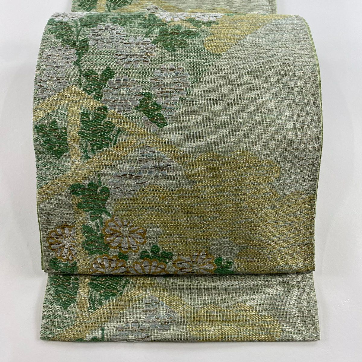 袋帶 美品 逸品級 川島織物 落款 菊花 花雲紋 金銀線 金金箔 淺綠 六通 純蠶絲