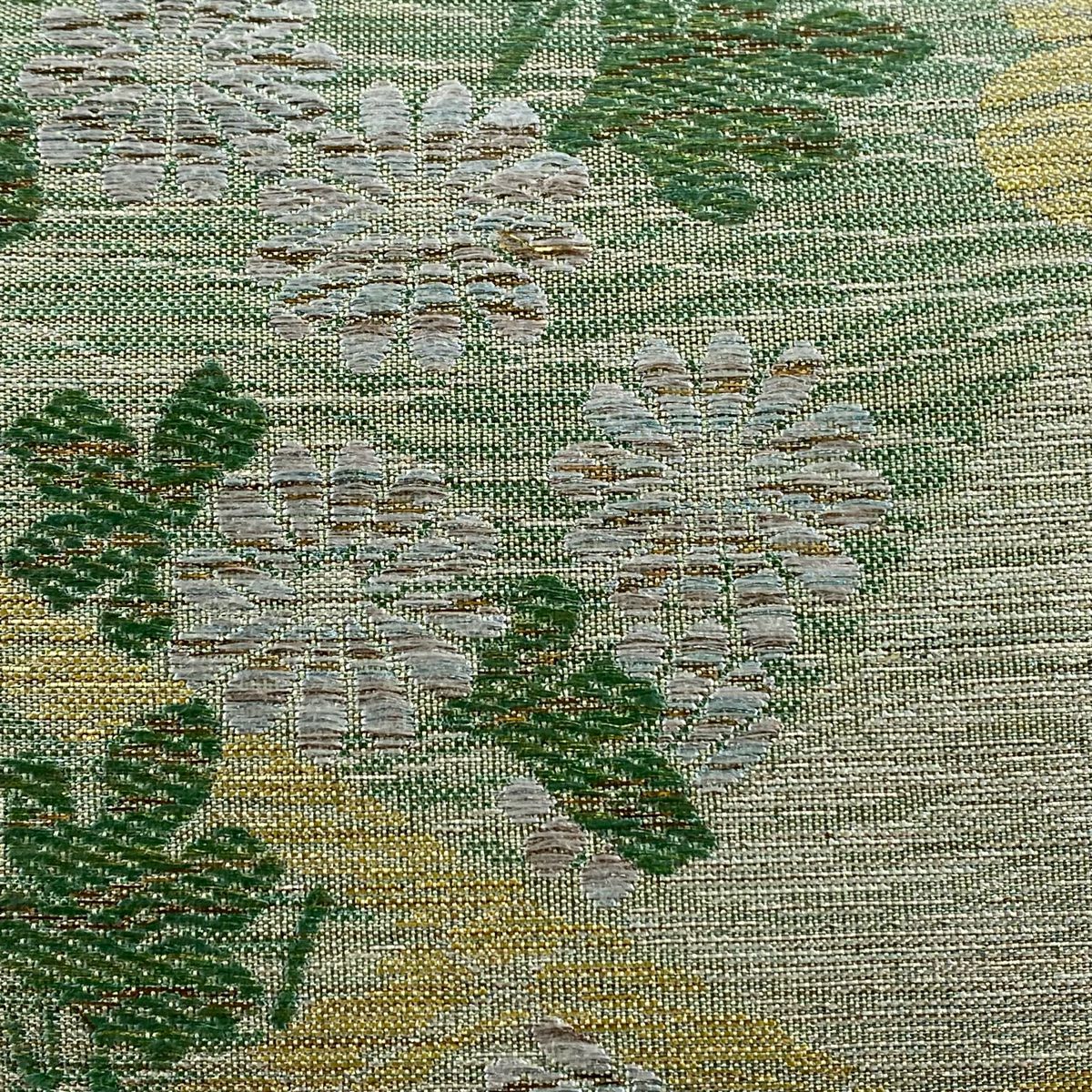 袋帶 美品 逸品級 川島織物 落款 菊花 花雲紋 金銀線 金金箔 淺綠 六通 純蠶絲
