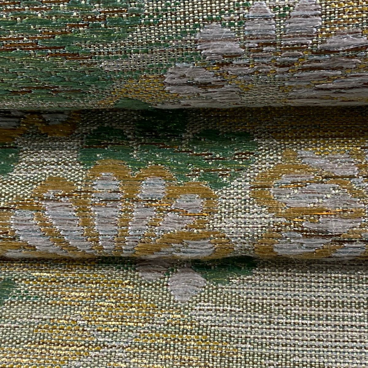 袋帶 美品 逸品級 川島織物 落款 菊花 花雲紋 金銀線 金金箔 淺綠 六通 純蠶絲