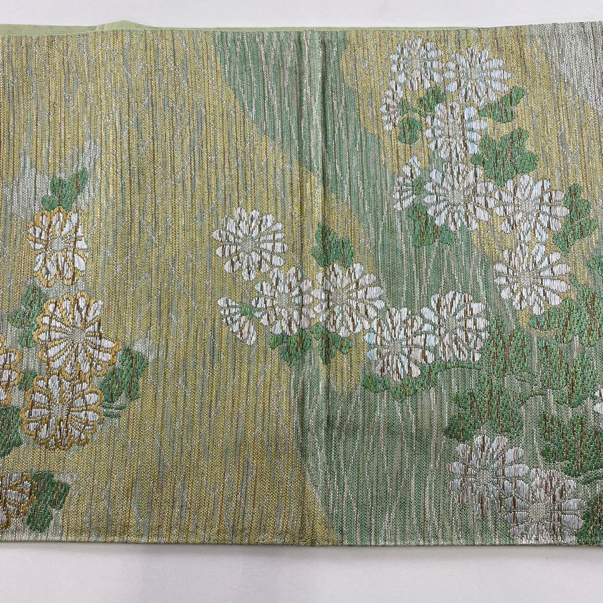 袋帶 美品 逸品級 川島織物 落款 菊花 花雲紋 金銀線 金金箔 淺綠 六通 純蠶絲