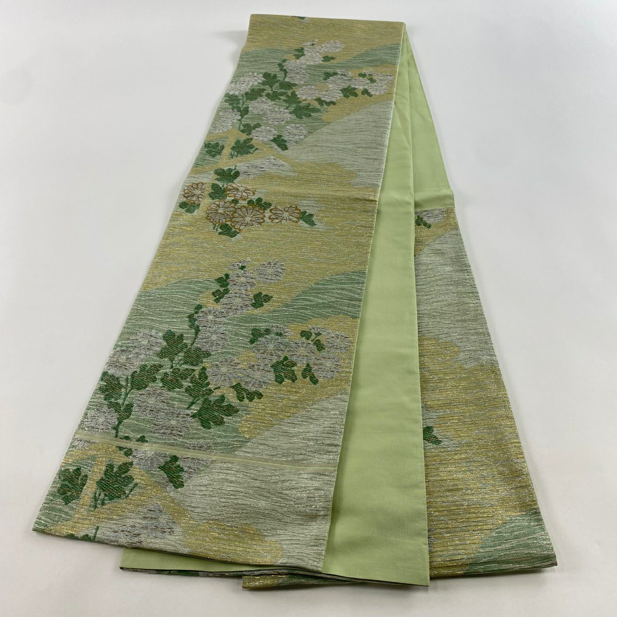 袋帶 美品 逸品級 川島織物 落款 菊花 花雲紋 金銀線 金金箔 淺綠 六通 純蠶絲