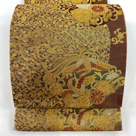 袋帶 秀品級 菊花唐草紋 鳳凰 金金箔 金銀彩 茶 六通 純蠶絲