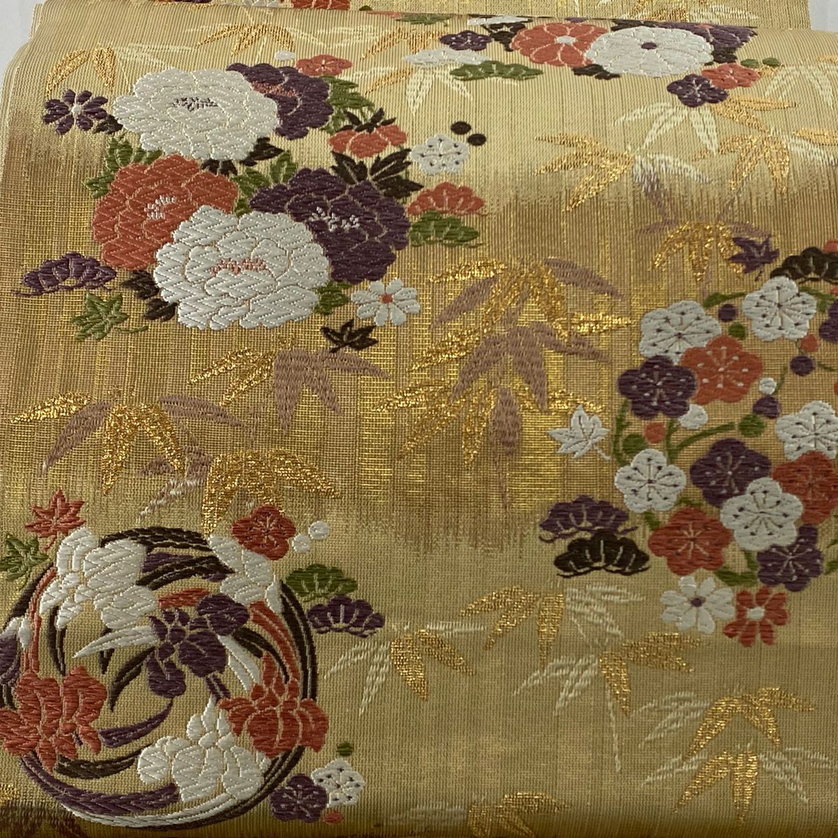 袋帶 美品 秀品級 花丸紋 松樹竹子梅花 唐織 金金箔 金色 六通 純蠶絲