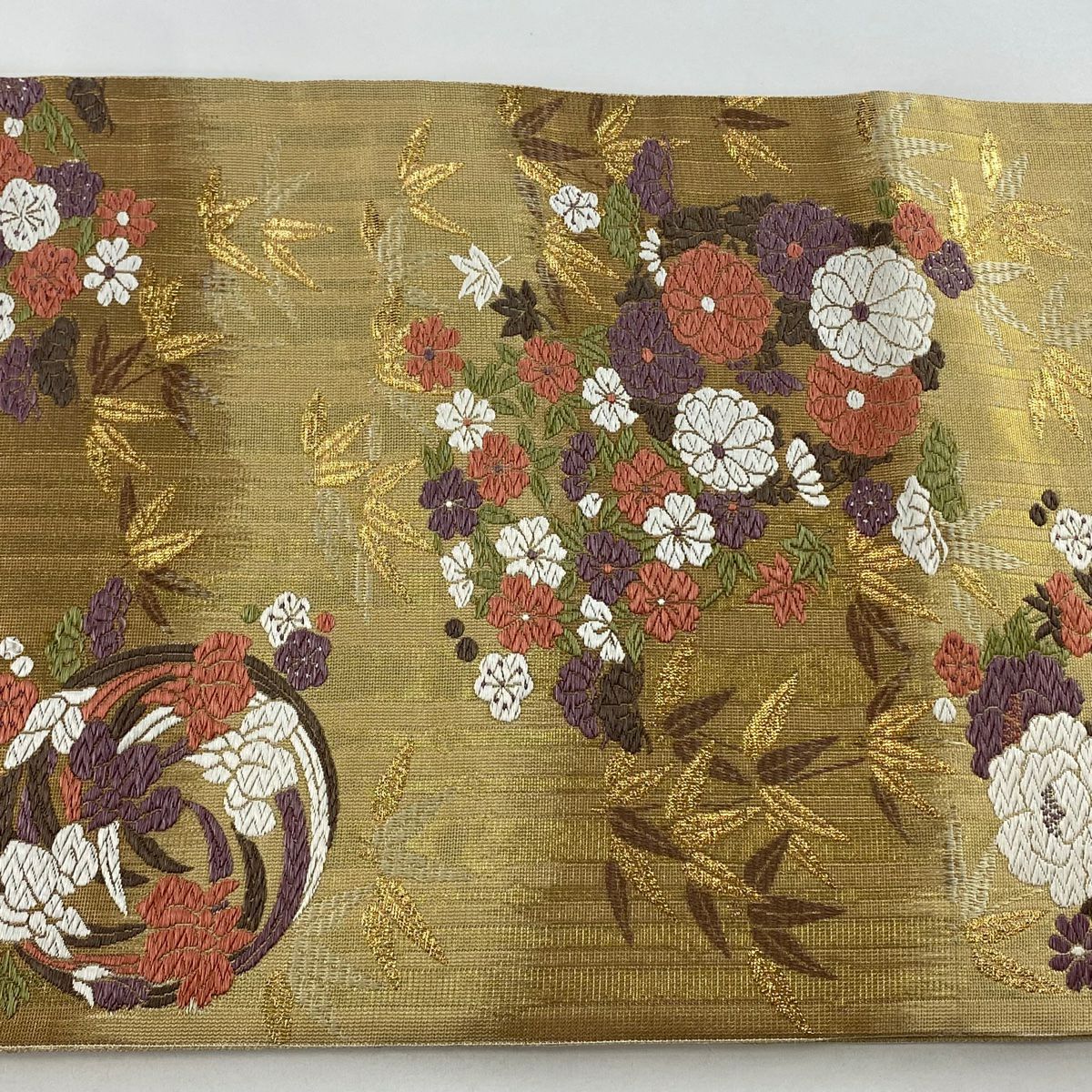 袋帶 美品 秀品級 花丸紋 松樹竹子梅花 唐織 金金箔 金色 六通 純蠶絲