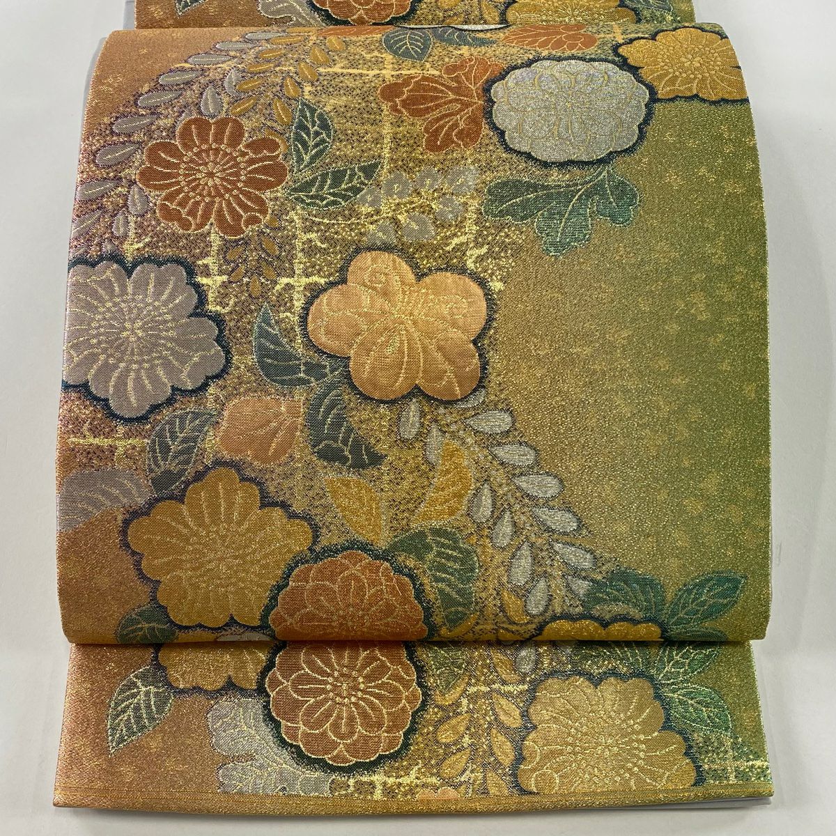 袋帶 美品 秀品級 辻花染圖案 金銀彩 金金箔 淺橙色 六通 純蠶絲