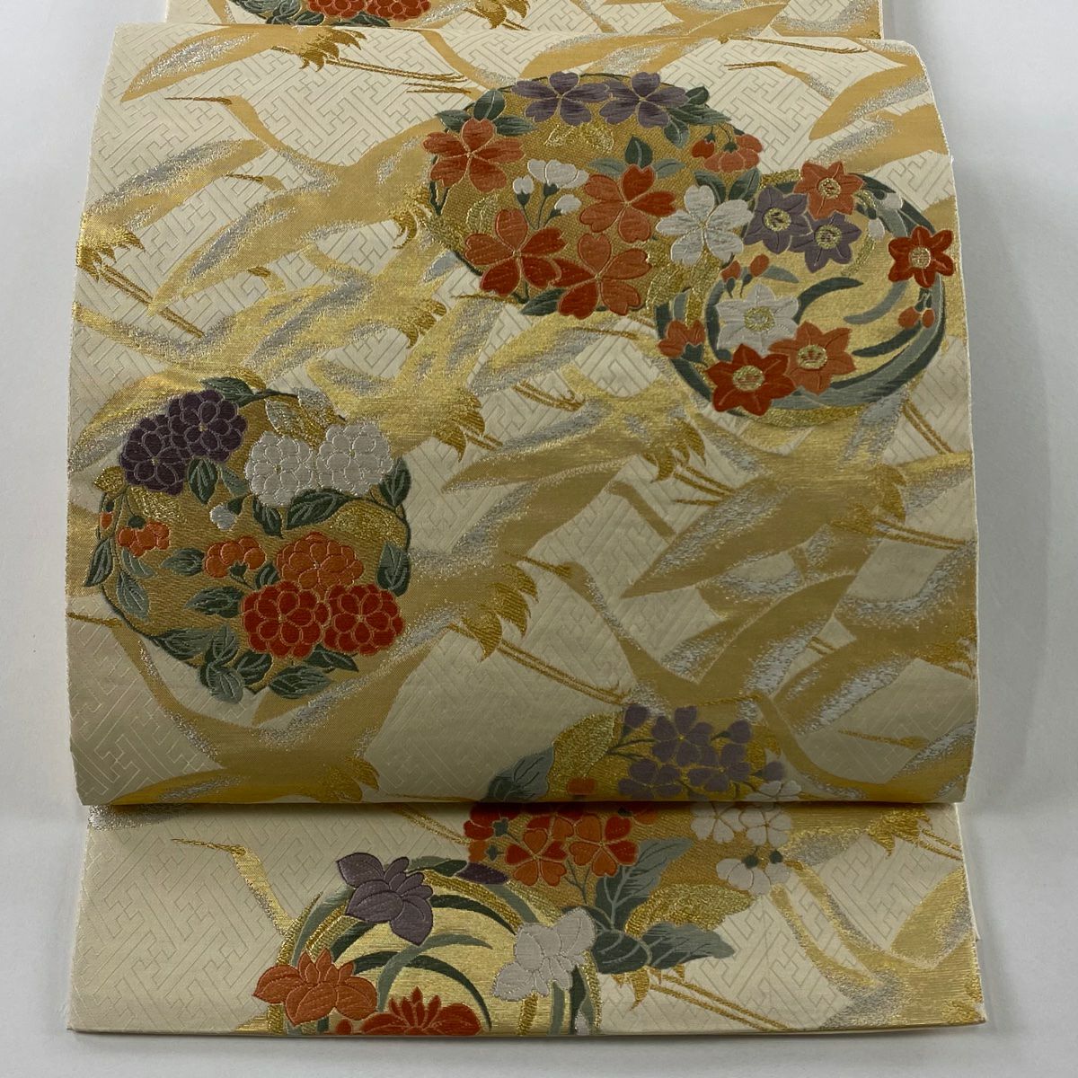 袋帶 美品 秀品級 花丸紋 仙鶴 金銀線 金金箔 米色 六通 純蠶絲