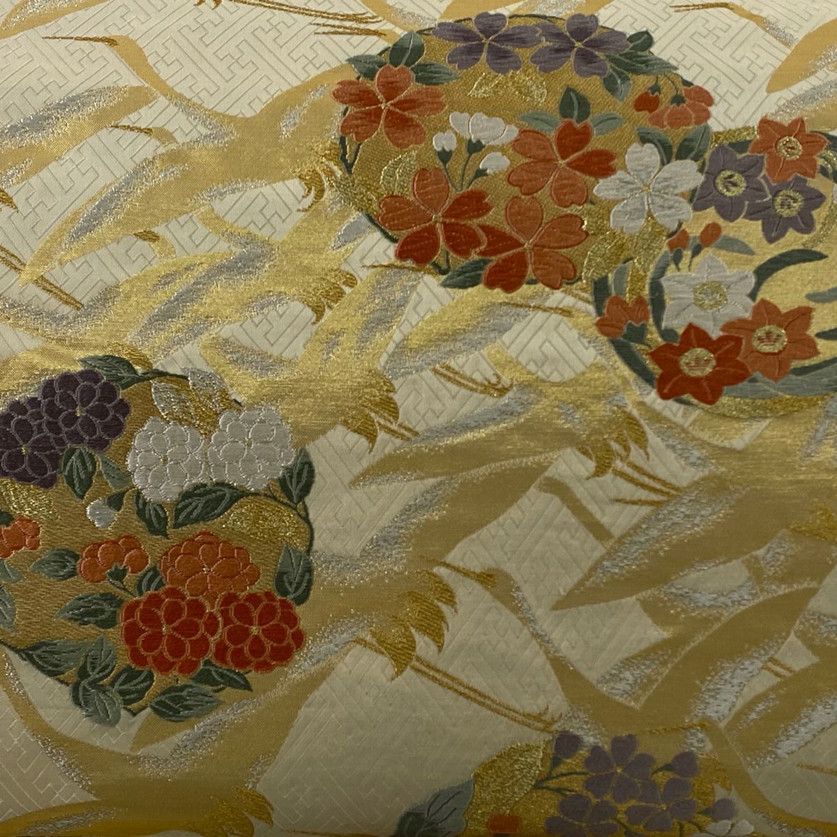 袋帶 美品 秀品級 花丸紋 仙鶴 金銀線 金金箔 米色 六通 純蠶絲