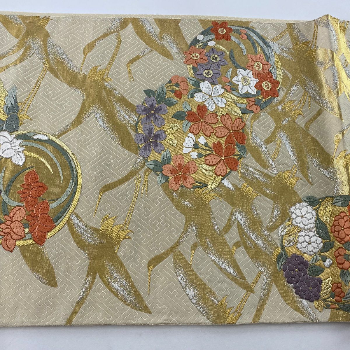 袋帶 美品 秀品級 花丸紋 仙鶴 金銀線 金金箔 米色 六通 純蠶絲