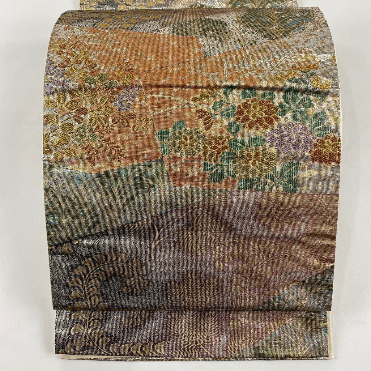 袋帶 美品 秀品級 秋草 若松樹 金絲 金金箔 灰紫 六通 純蠶絲