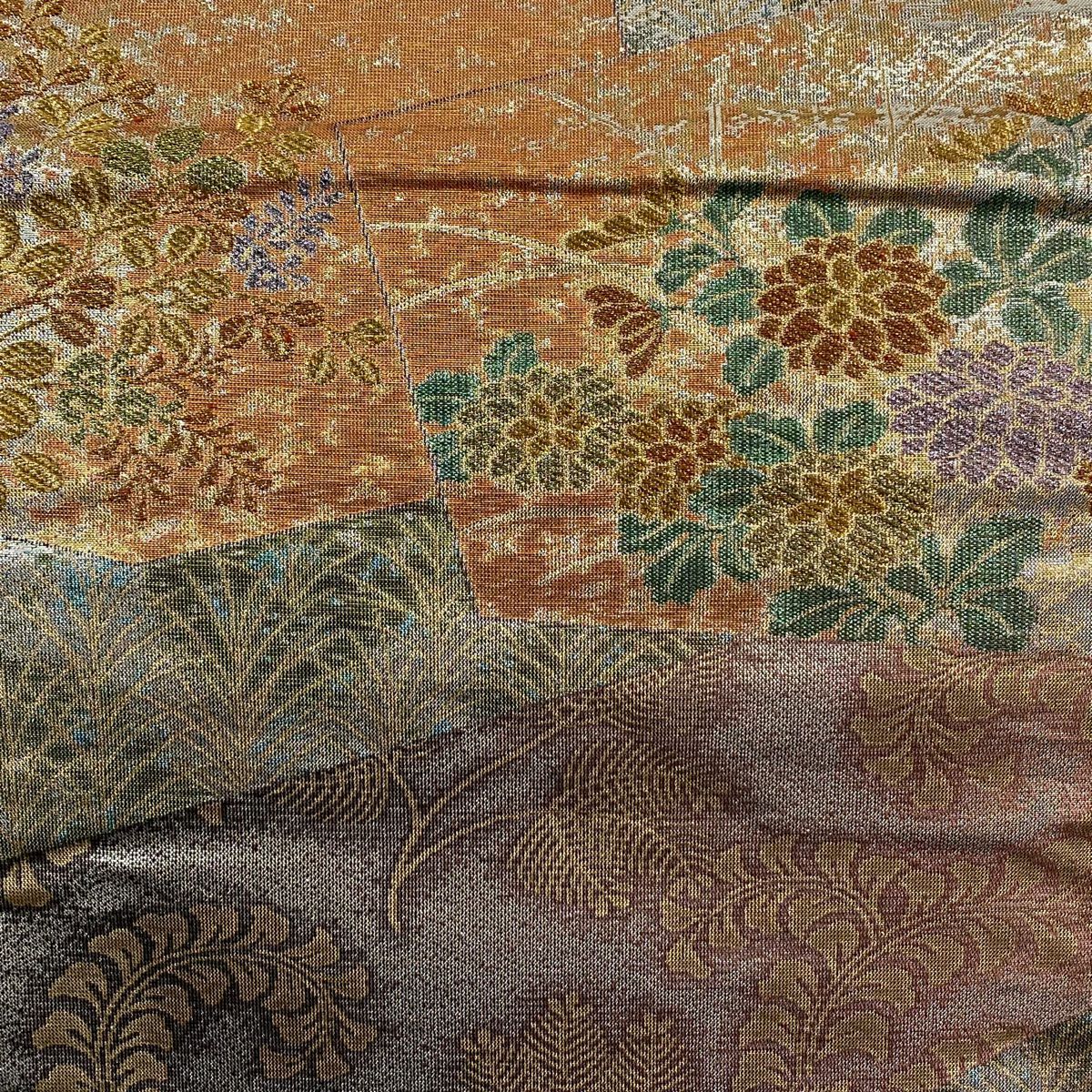 袋帶 美品 秀品級 秋草 若松樹 金絲 金金箔 灰紫 六通 純蠶絲