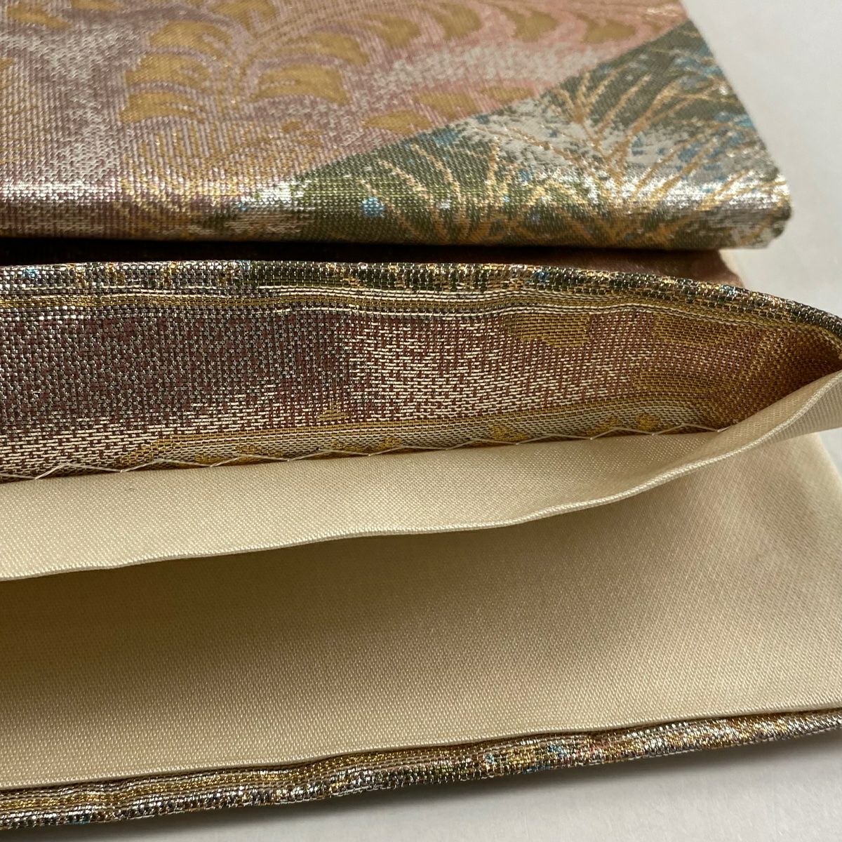 袋帶 美品 秀品級 秋草 若松樹 金絲 金金箔 灰紫 六通 純蠶絲