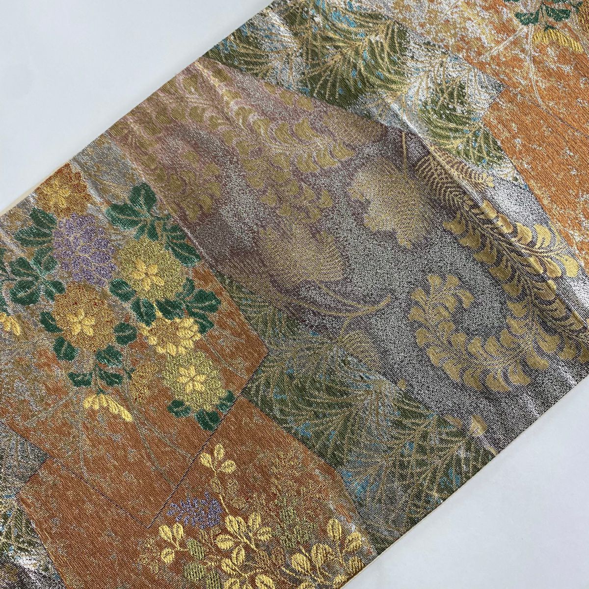 袋帶 美品 秀品級 秋草 若松樹 金絲 金金箔 灰紫 六通 純蠶絲