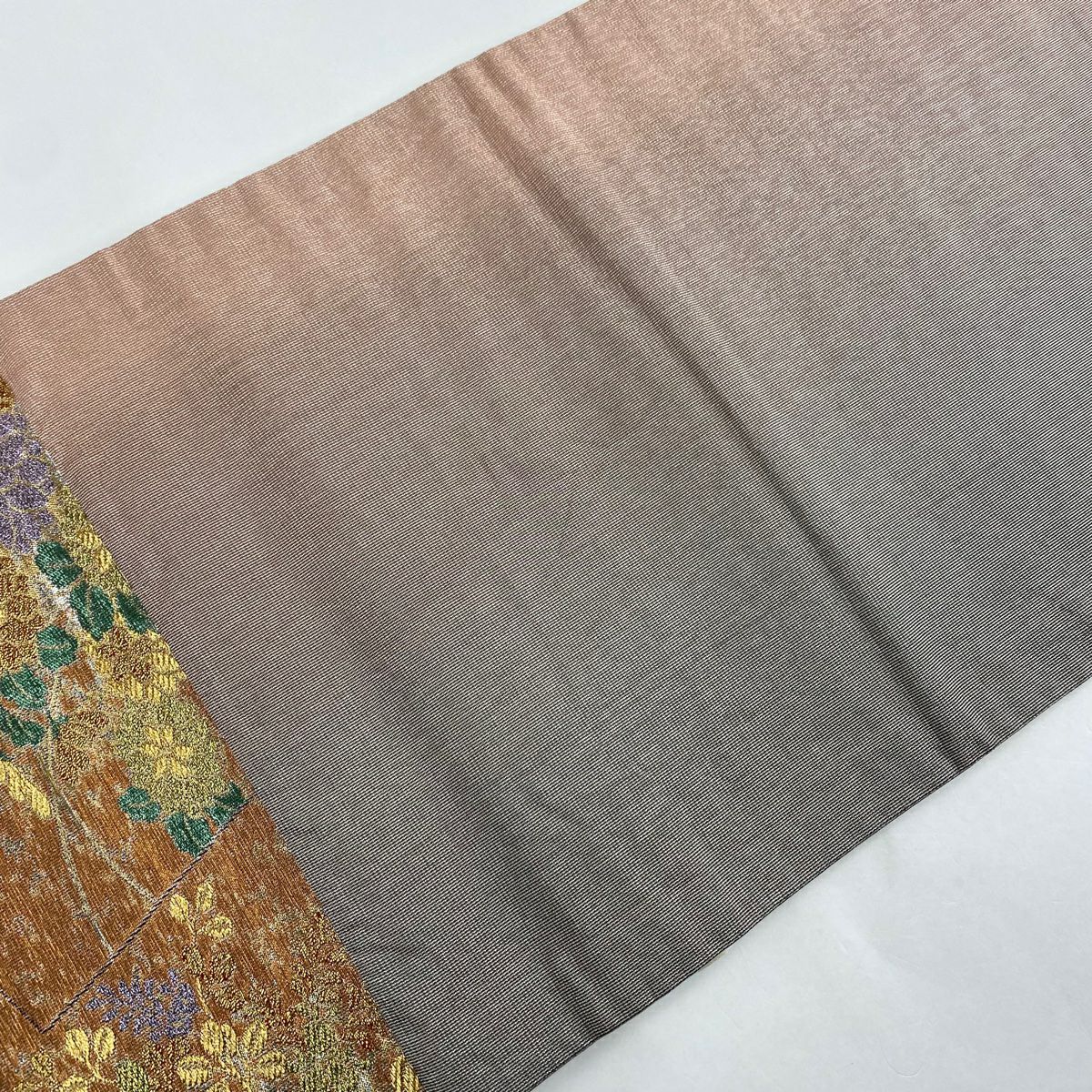 袋帶 美品 秀品級 秋草 若松樹 金絲 金金箔 灰紫 六通 純蠶絲