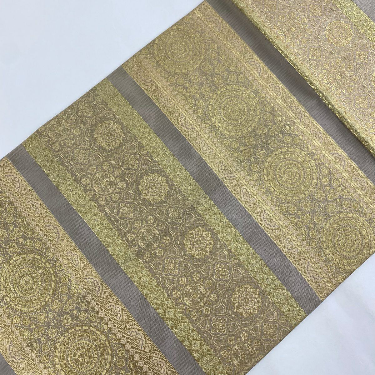 袋帶 秀品級 天平錦間道 金金箔 灰茶 お太鼓圖案 純蠶絲