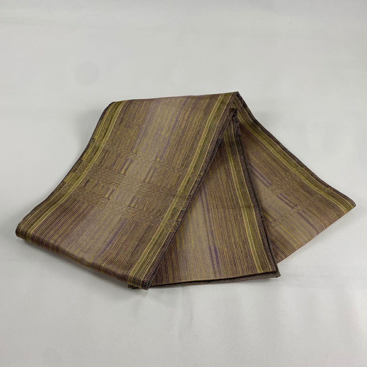 袋帶 美品 秀品級 條紋 菱形 金絲 灰紫色 大鼓圖案 純蠶絲