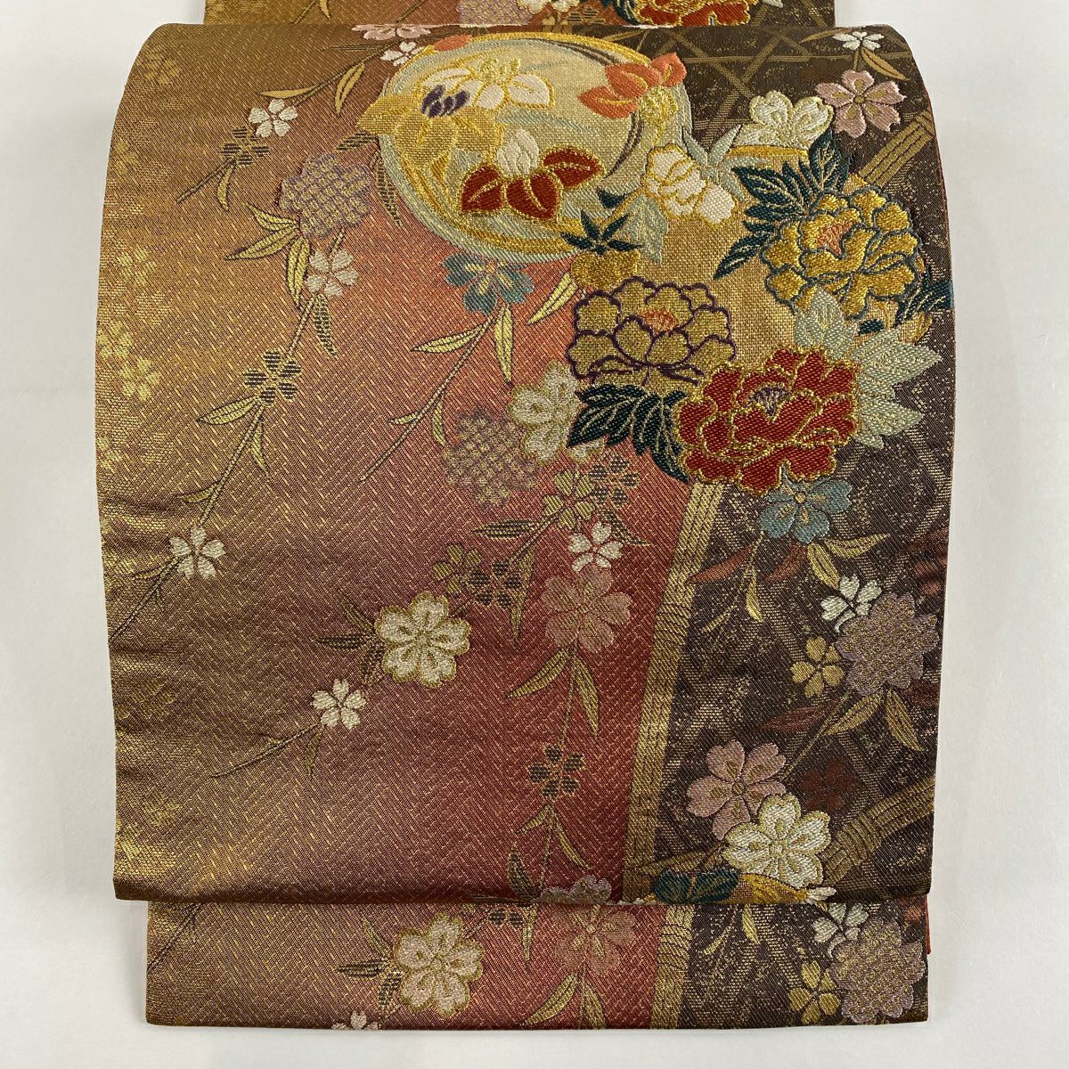 袋帶 美品 秀品級 花丸紋 櫻花 金金箔 橙色 六通 純蠶絲