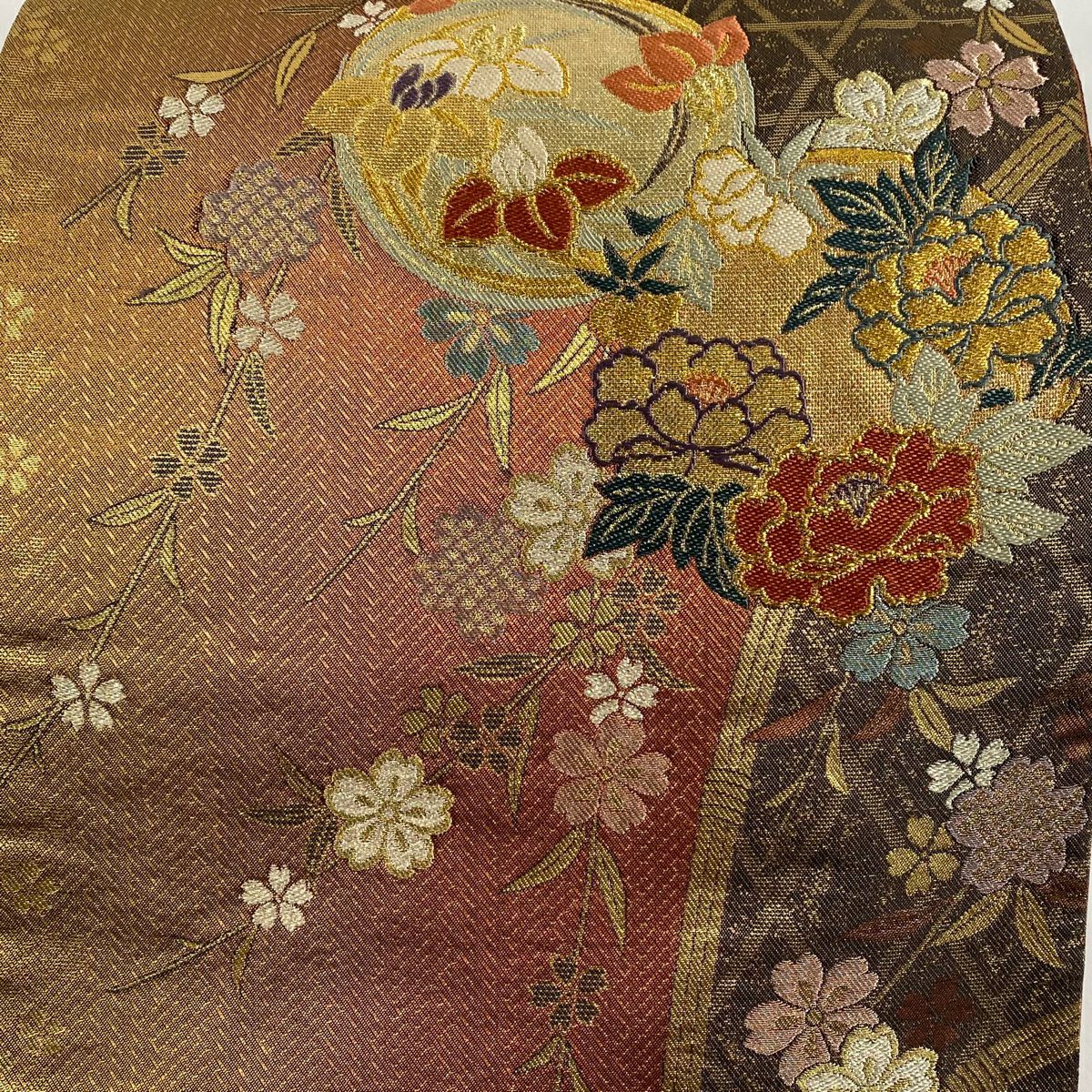 袋帶 美品 秀品級 花丸紋 櫻花 金金箔 橙色 六通 純蠶絲
