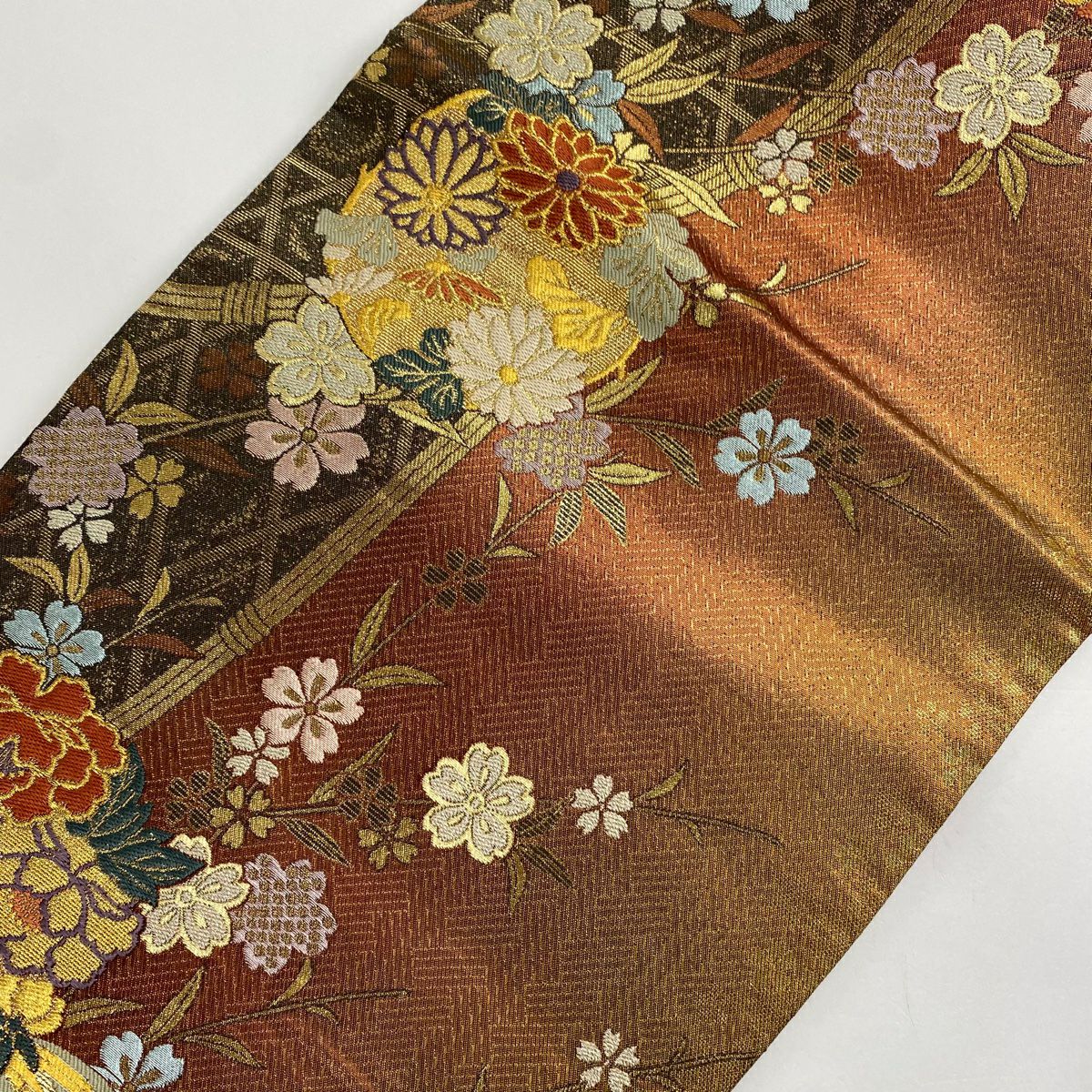 袋帶 美品 秀品級 花丸紋 櫻花 金金箔 橙色 六通 純蠶絲
