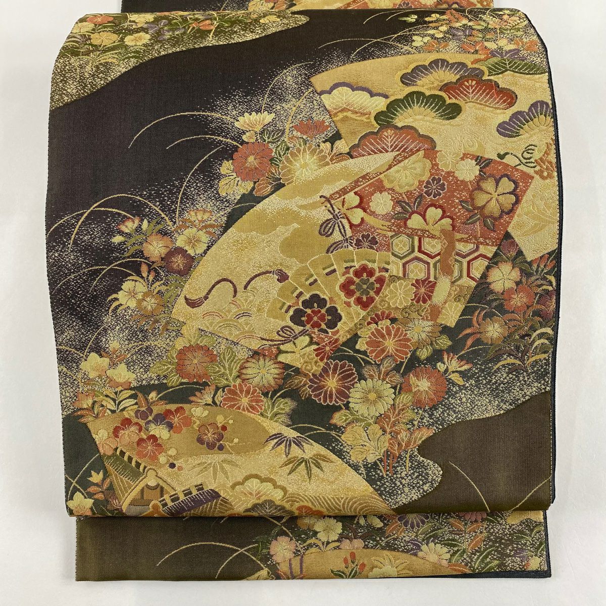 袋帶 美品 秀品級 扇子面 草花紋 黑灰 六通 純蠶絲