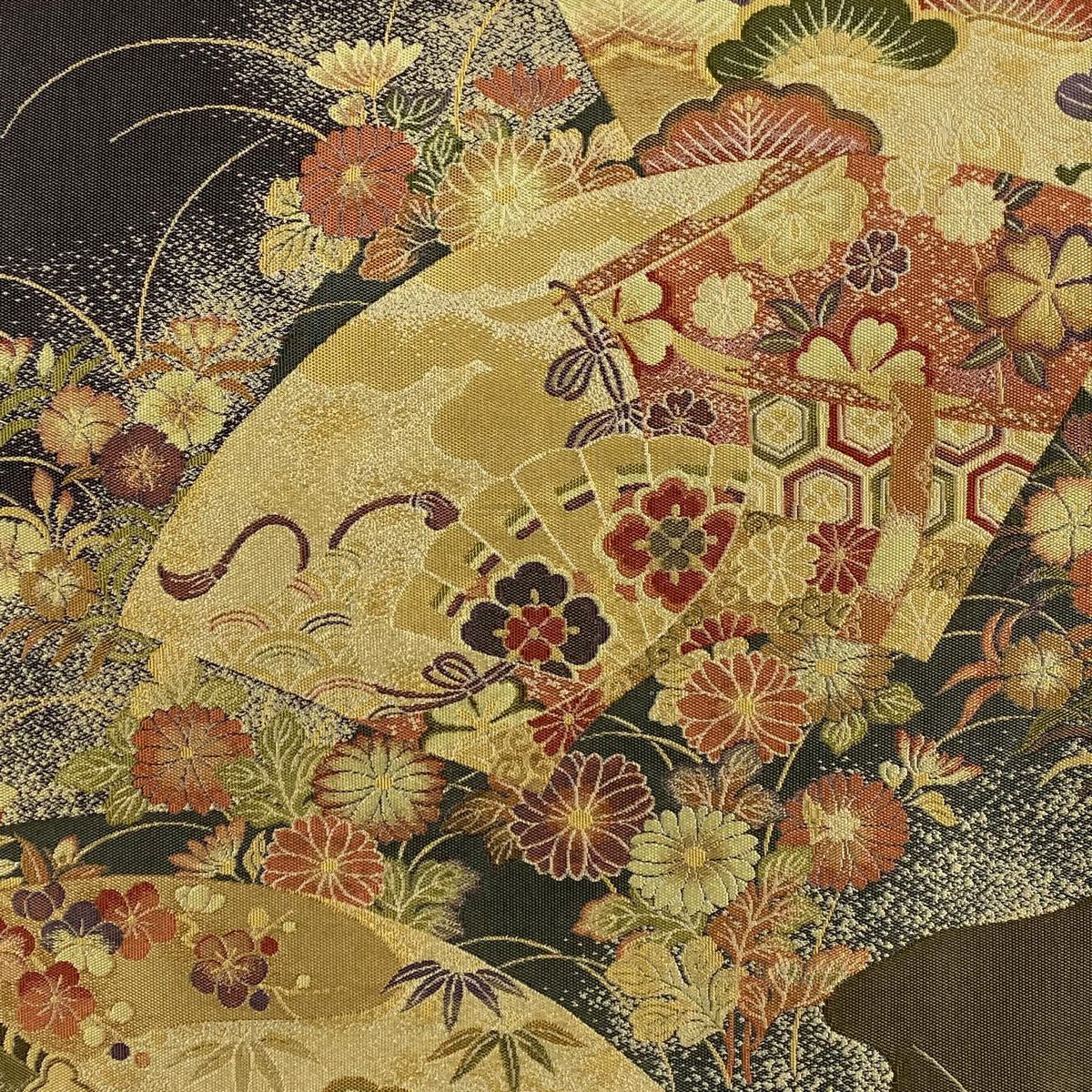 袋帶 美品 秀品級 扇子面 草花紋 黑灰 六通 純蠶絲