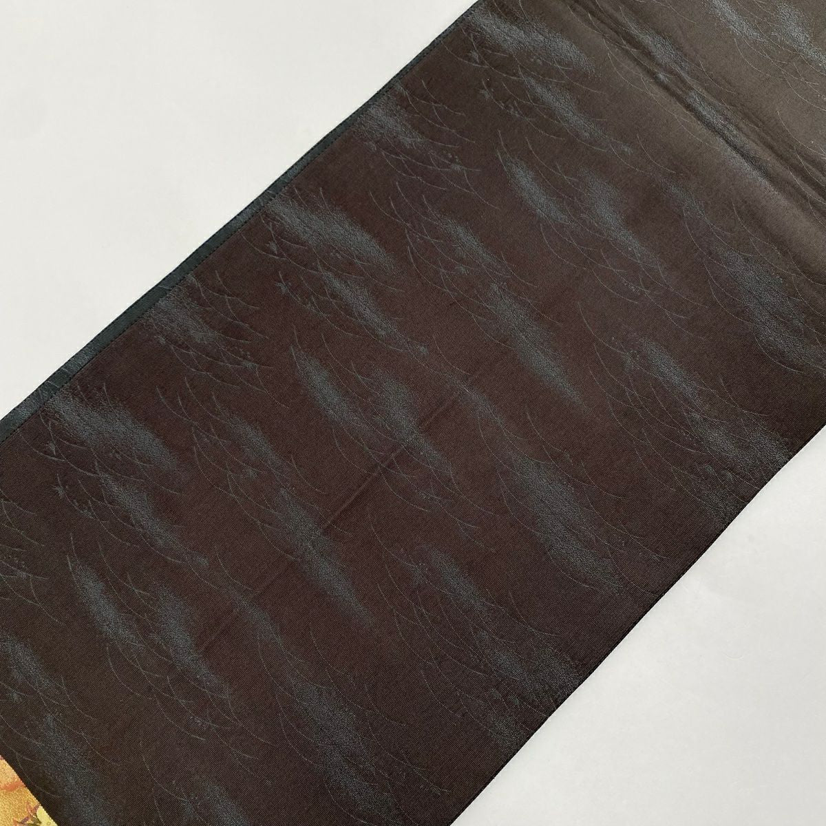 袋帶 美品 秀品級 扇子面 草花紋 黑灰 六通 純蠶絲