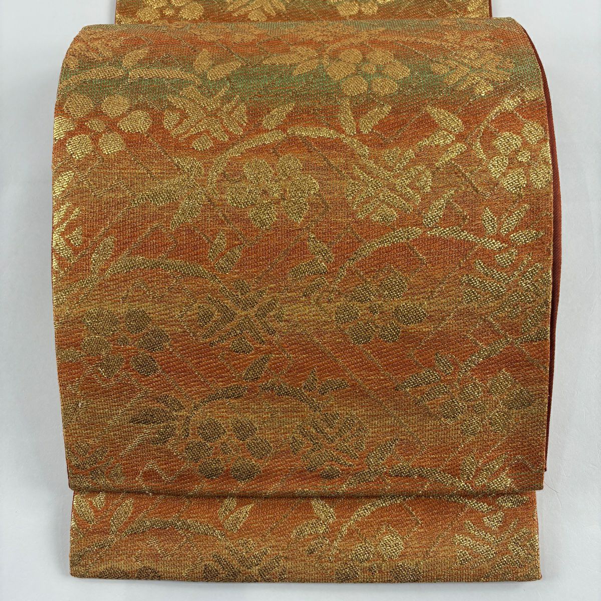 袋帶 美品 秀品級 笹蔓 金金箔 金絲 橙色 六通 純蠶絲