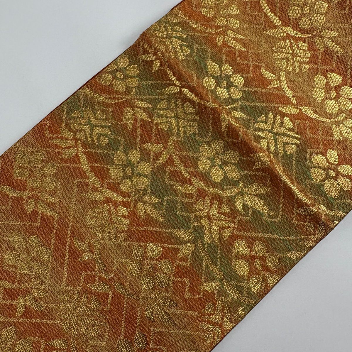袋帶 美品 秀品級 笹蔓 金金箔 金絲 橙色 六通 純蠶絲