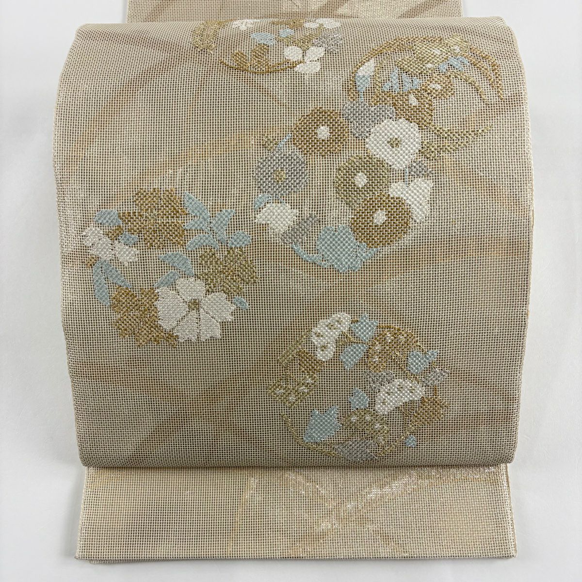 袋帶 秀品級 夏帶 花丸紋 露芝 金金箔 米色 お太鼓圖案 純蠶絲