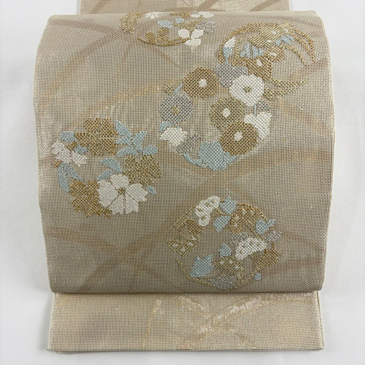 袋帶 秀品級 夏帶 花丸紋 露芝 金金箔 米色 お太鼓圖案 純蠶絲