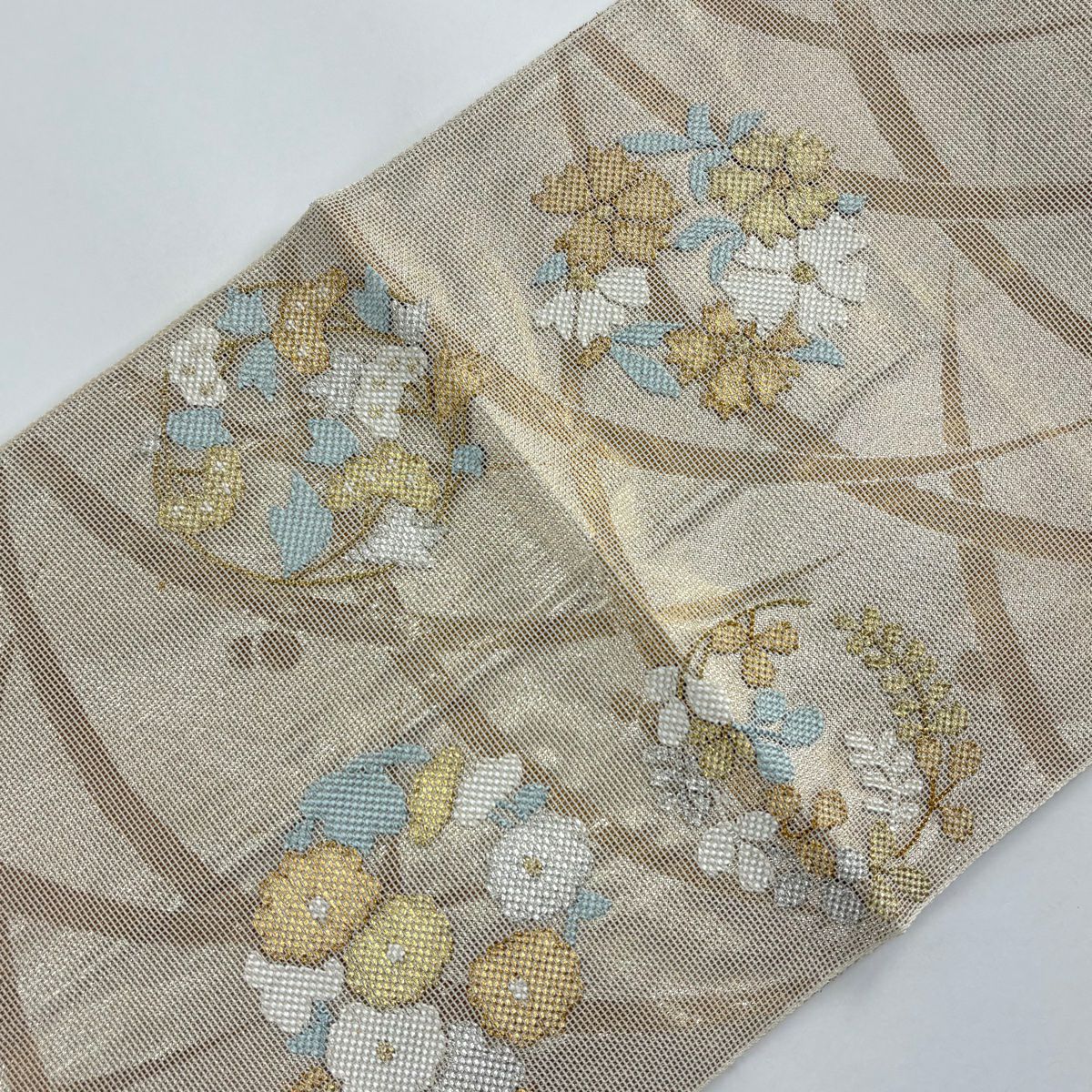 袋帶 秀品級 夏帶 花丸紋 露芝 金金箔 米色 お太鼓圖案 純蠶絲