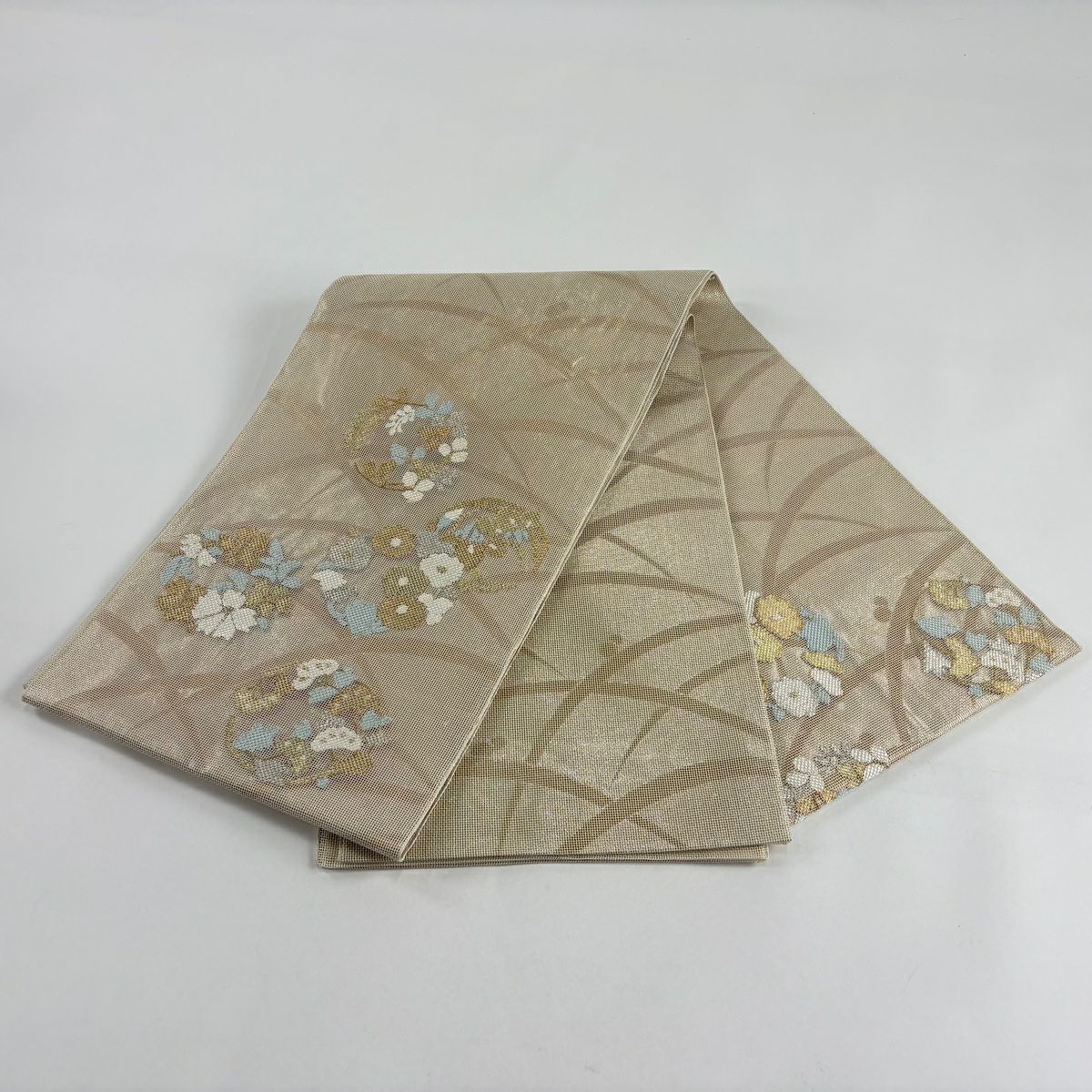 袋帶 秀品級 夏帶 花丸紋 露芝 金金箔 米色 お太鼓圖案 純蠶絲