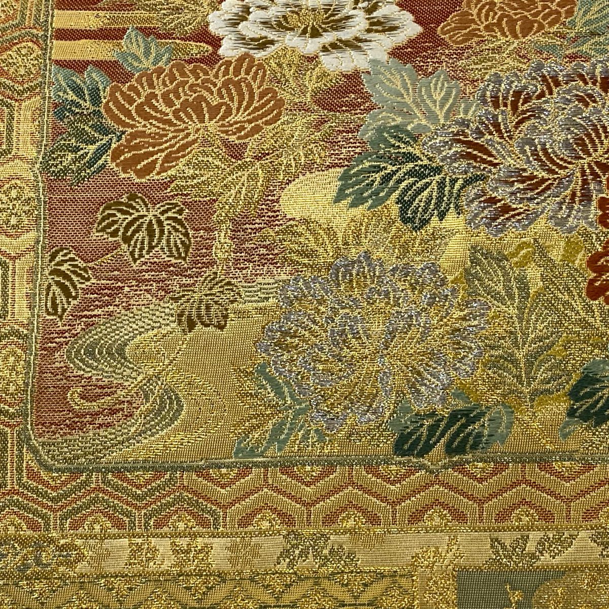 袋帶 美品 秀品級 牡丹 松樹竹子梅花 金金箔 唐織 金色 六通 純蠶絲