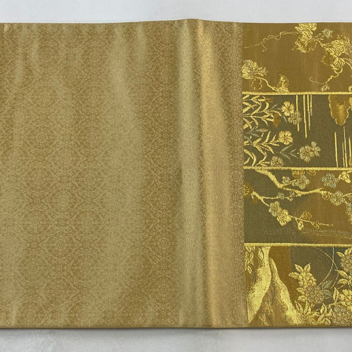 袋帶 美品 秀品級 牡丹 松樹竹子梅花 金金箔 唐織 金色 六通 純蠶絲