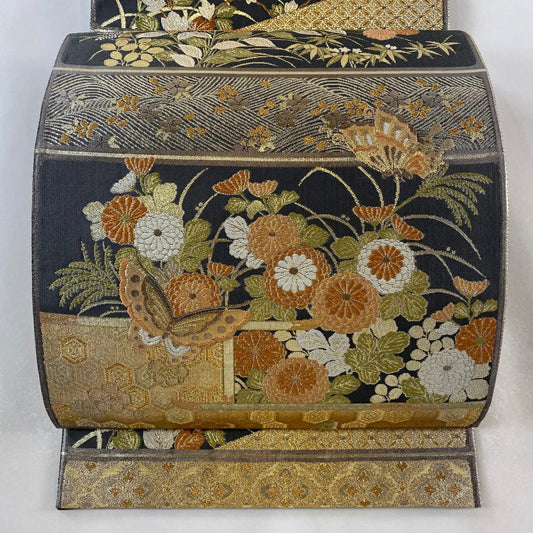 袋帶 秀品級 段格天取蒔絵文 蝶 金金箔 唐織 黑灰 六通 純蠶絲
