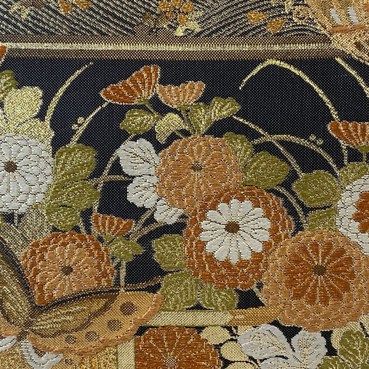 袋帶 秀品級 段格天取蒔絵文 蝶 金金箔 唐織 黑灰 六通 純蠶絲