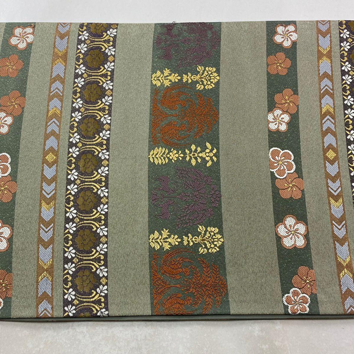 袋帶 秀品級 樹下鳥獸 梅花 金絲 金金箔 淺綠 全通 純蠶絲