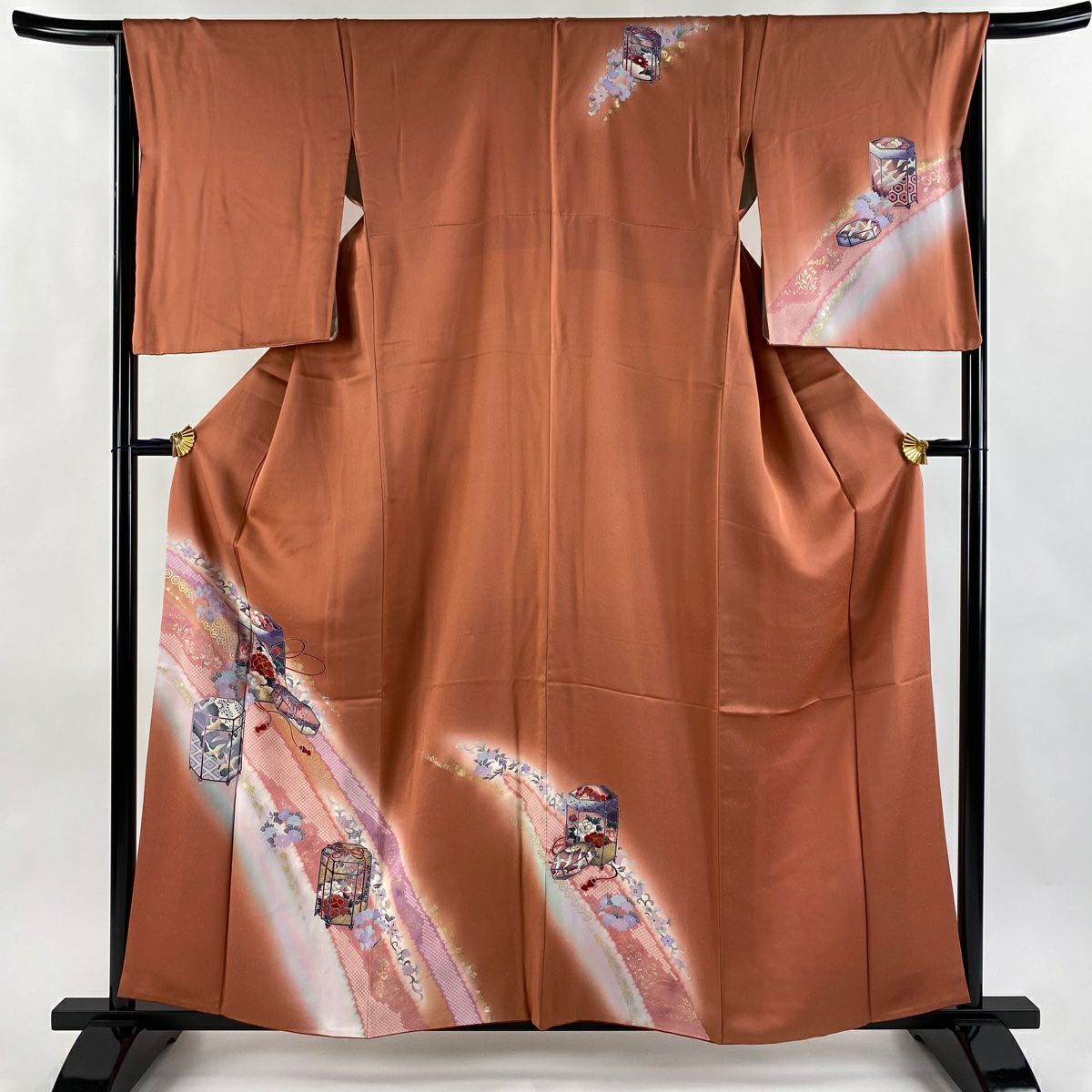 付下 身長158.5cm 袖長66.5cm M 雙層 貝桶 花丸紋 金銀彩 漸層 粉米色 純蠶絲 優品級