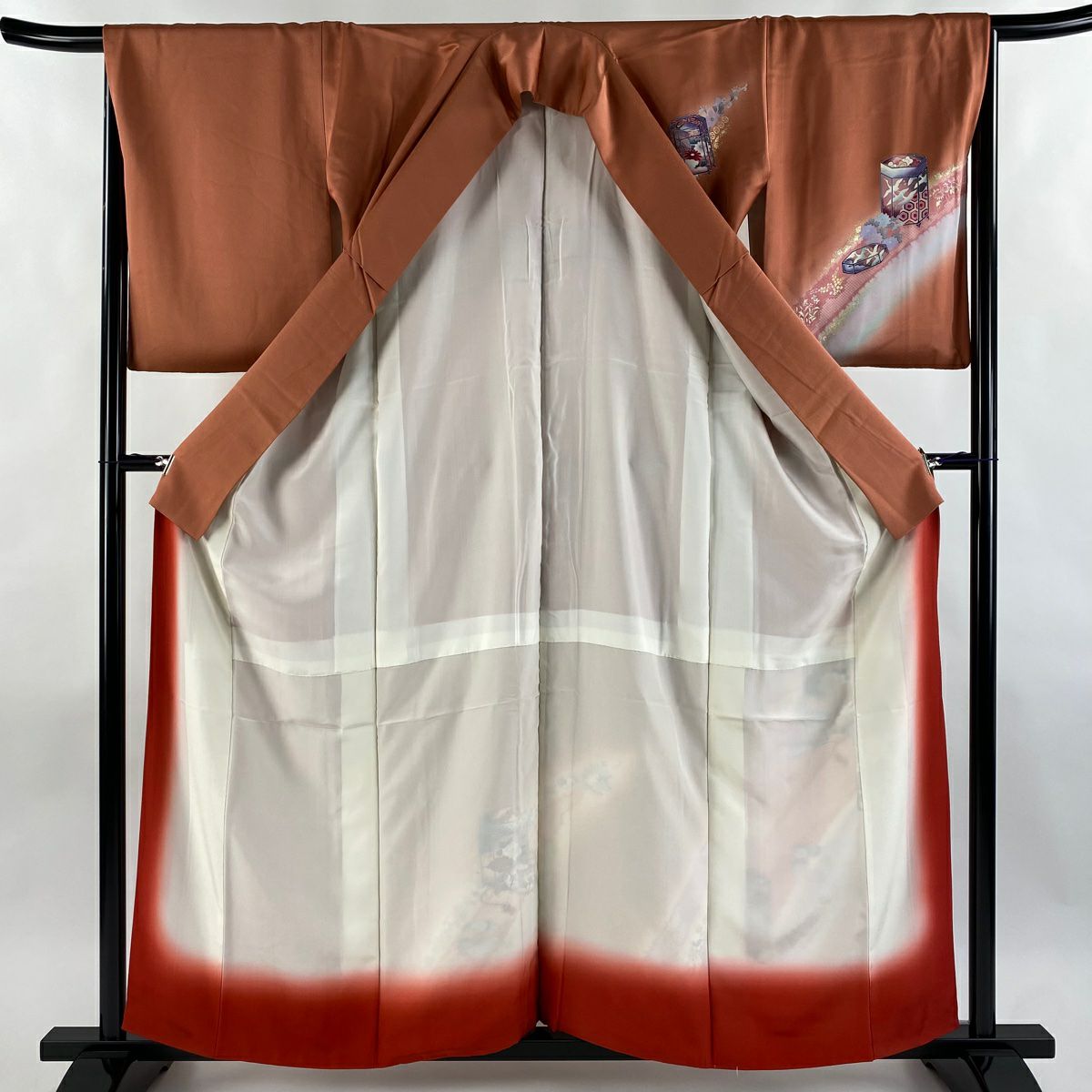 付下 身長158.5cm 袖長66.5cm M 雙層 貝桶 花丸紋 金銀彩 漸層 粉米色 純蠶絲 優品級