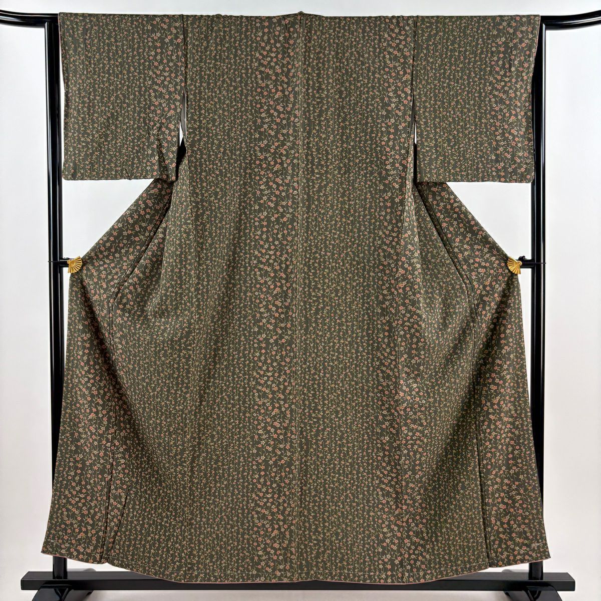 【美品】 小紋 身長156cm 袖長64.5cm M 雙層 櫻 深綠 純蠶絲 優品級