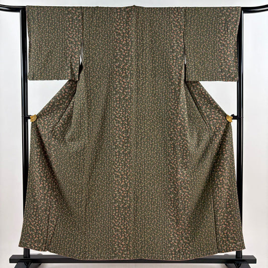 【美品】 小紋 身長156cm 袖長64.5cm M 雙層 櫻 深綠 純蠶絲 優品級
