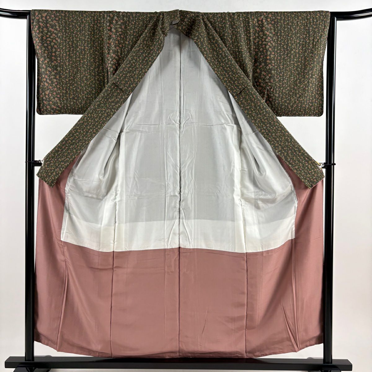 【美品】 小紋 身長156cm 袖長64.5cm M 雙層 櫻 深綠 純蠶絲 優品級