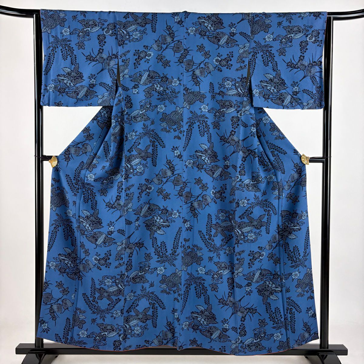 小紋 身長156.5cm 袖長63.5cm S 雙層 草花紋紋 絞織 深藍 純蠶絲 秀品級