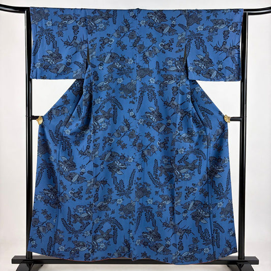 小紋 身長156.5cm 袖長63.5cm S 雙層 草花紋紋 絞織 深藍 純蠶絲 秀品級
