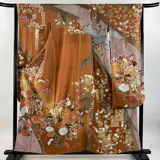【庫存清倉】振袖禮服 身長157.5cm 袖長64cm M 雙層 御所車 菊花 金銀彩 漸層 橙色 純蠶絲 名品級